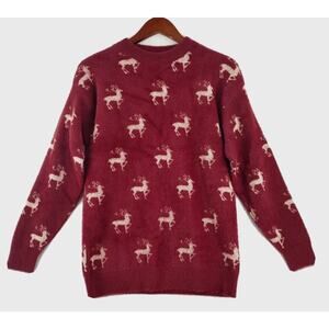 Christmas Sweater Jumper Women Sz M Red Reindeer Print Fuzzy Cozy Buttery Soft